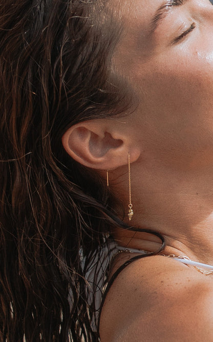 Dainty gold-filled  waterproof tarnish-free seashell threader earrings, handmade in Australia, ocean jewellery