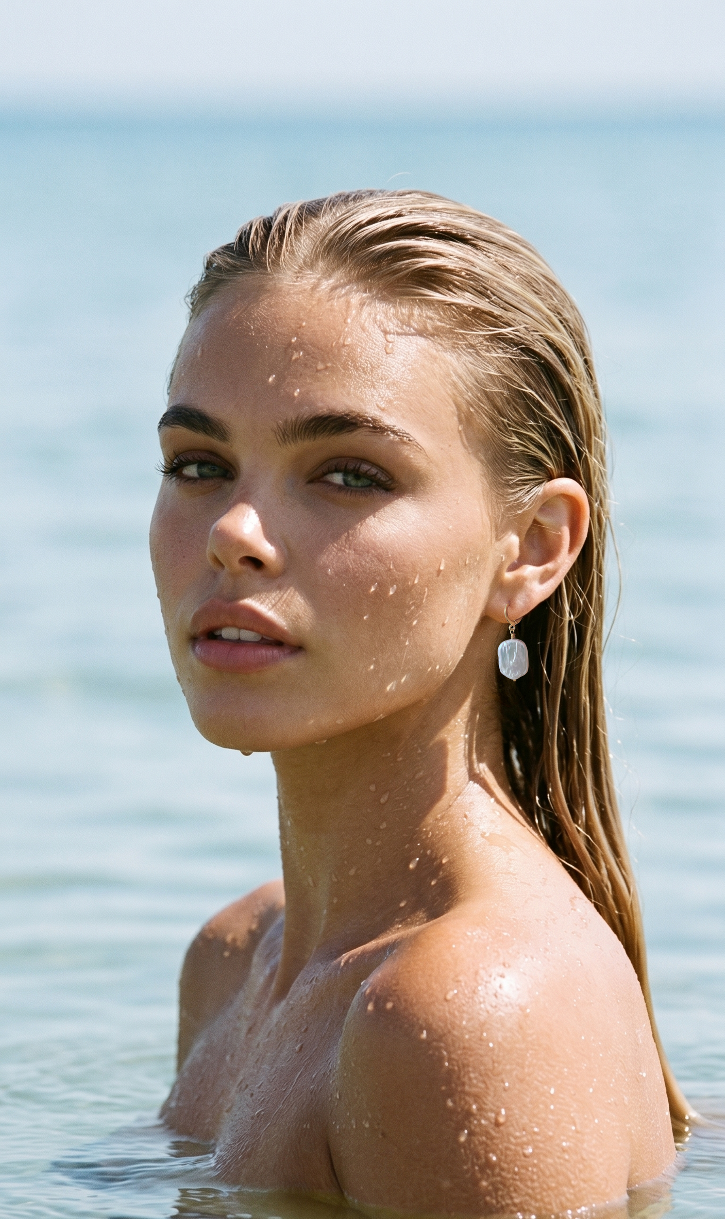 Pearl earrings worn by woman at the beach
