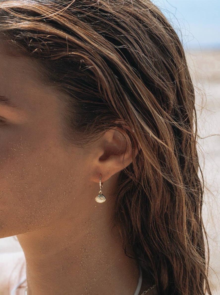 Gold-filled seashell huggie earrings, dainty ocean-inspired beach jewellery, waterproof, tarnish-free