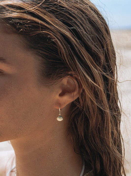 Gold-filled seashell huggie earrings, dainty ocean-inspired beach jewellery, waterproof, tarnish-free
