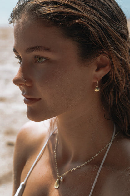 Gold-filled clam shell huggie earrings, handcrafted in Australia, inspired by the ocean