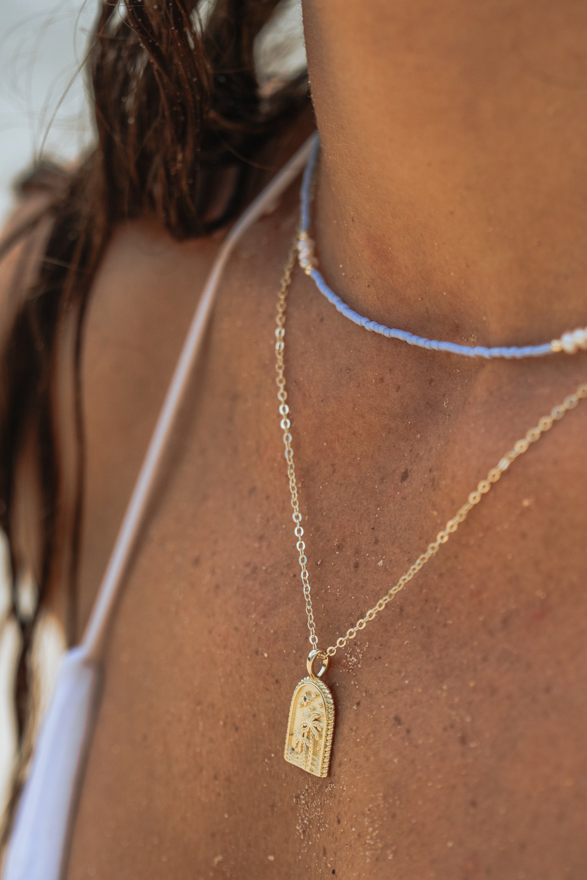 Gold tropical Palm Tree Necklace Waterproof and Tarnish Free, made in Australia