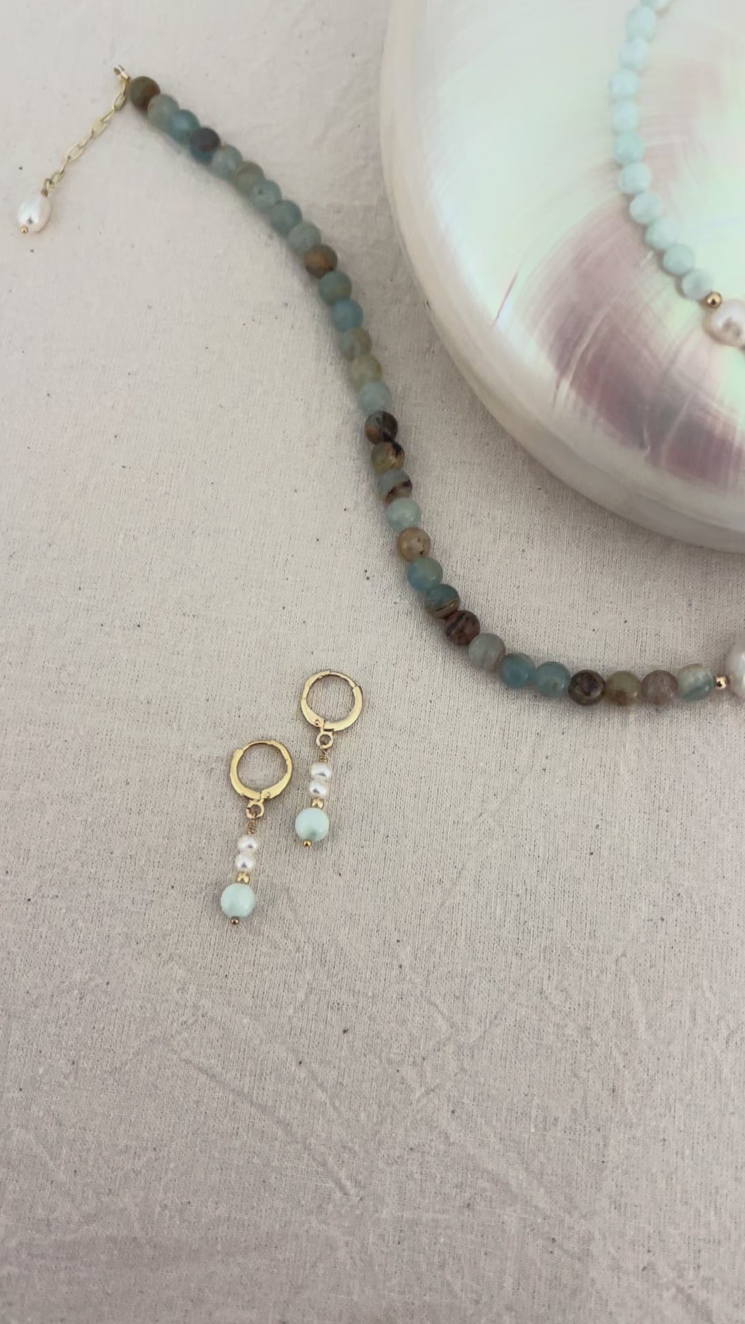 Green angelite and freshwater pearl drop earrings with 18k gold-filled hoops handmade by SunVoyager in Australia.